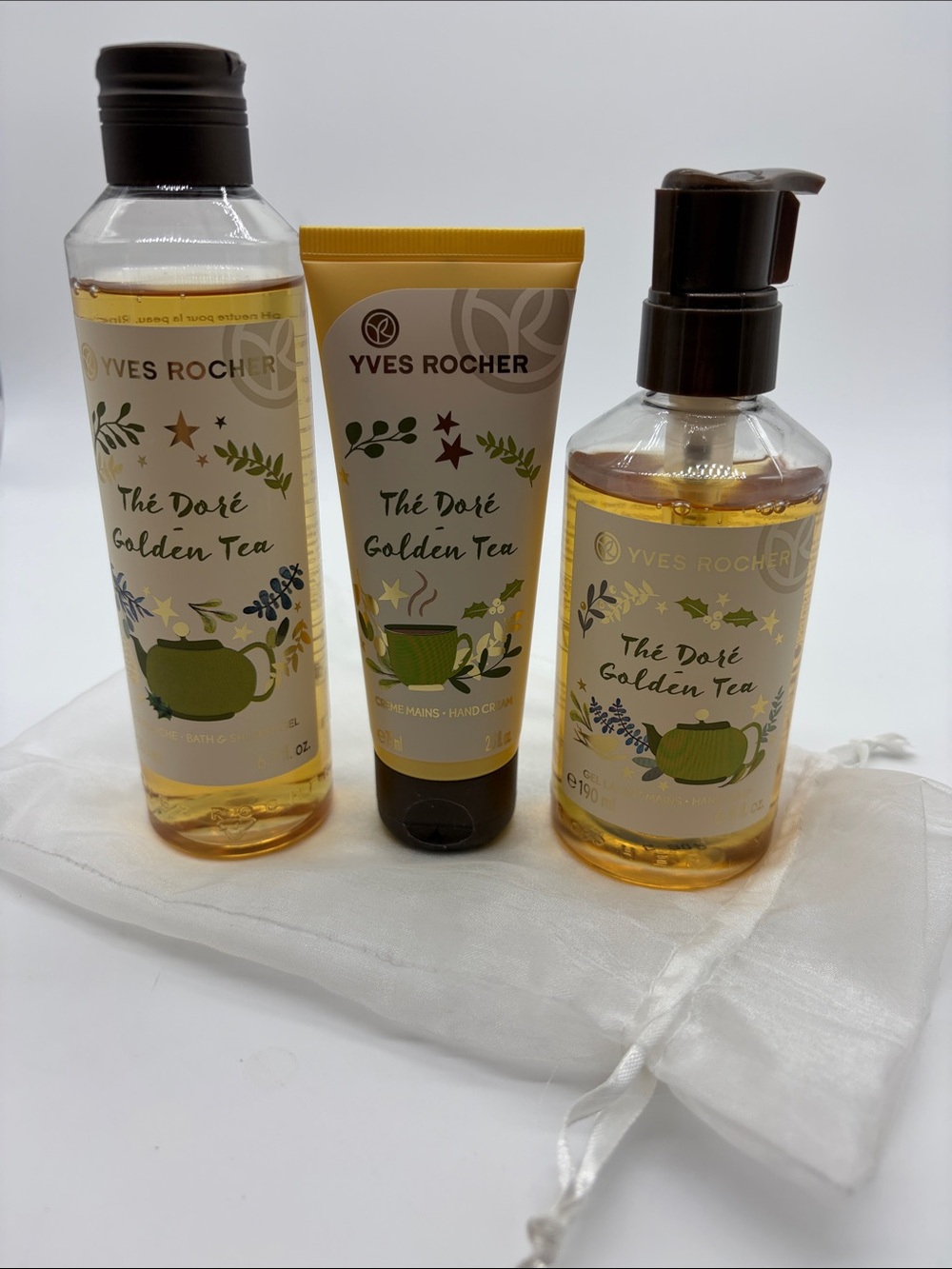 New Yves Rocher Thé Doré Golden Tea Hand Soap, Hand Cream, & Bath/Shower Gel Set